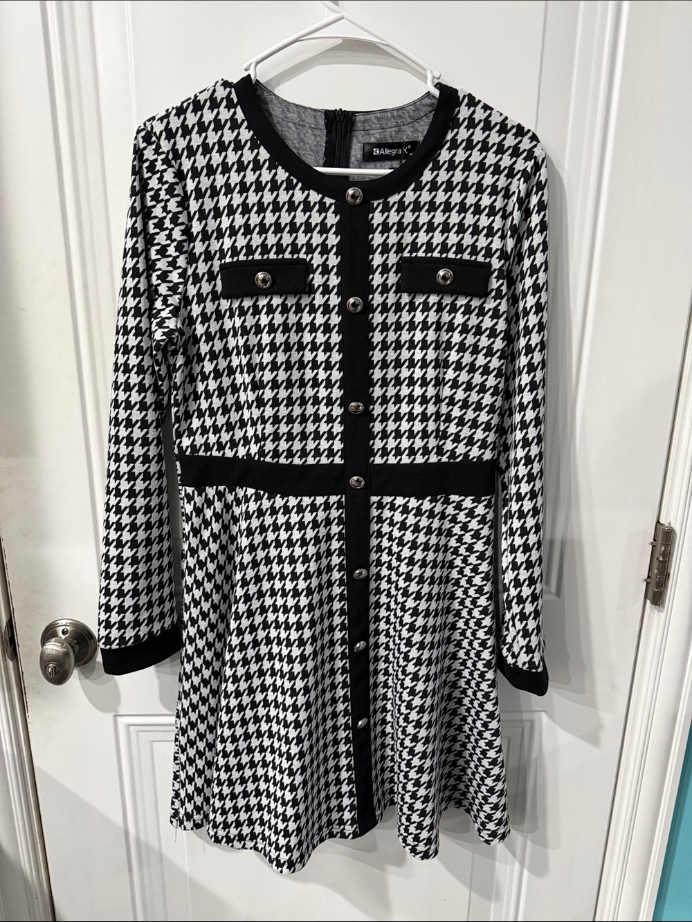 Allegra K Girls Black & White Houndstooth Long Sleeve Fit-and-Flare Dress